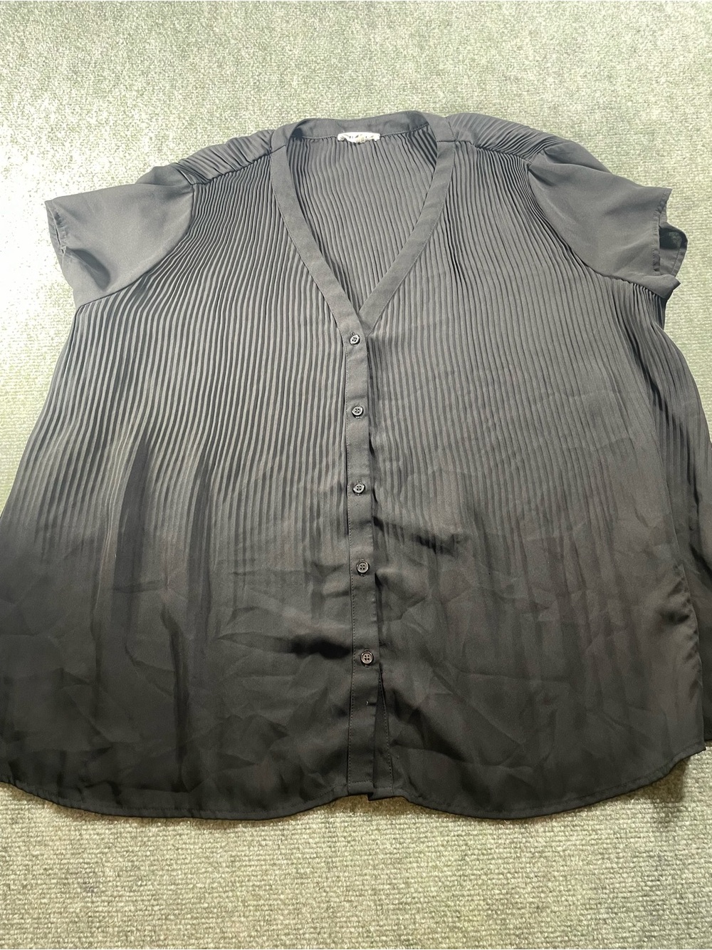 Pleione Black Pleated V-Neck Button-Front Blouse